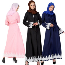 Moda muçulmano frente aberta lace splicing abaya longo vestido árabe abaya burqa poliéster mulheres abaya